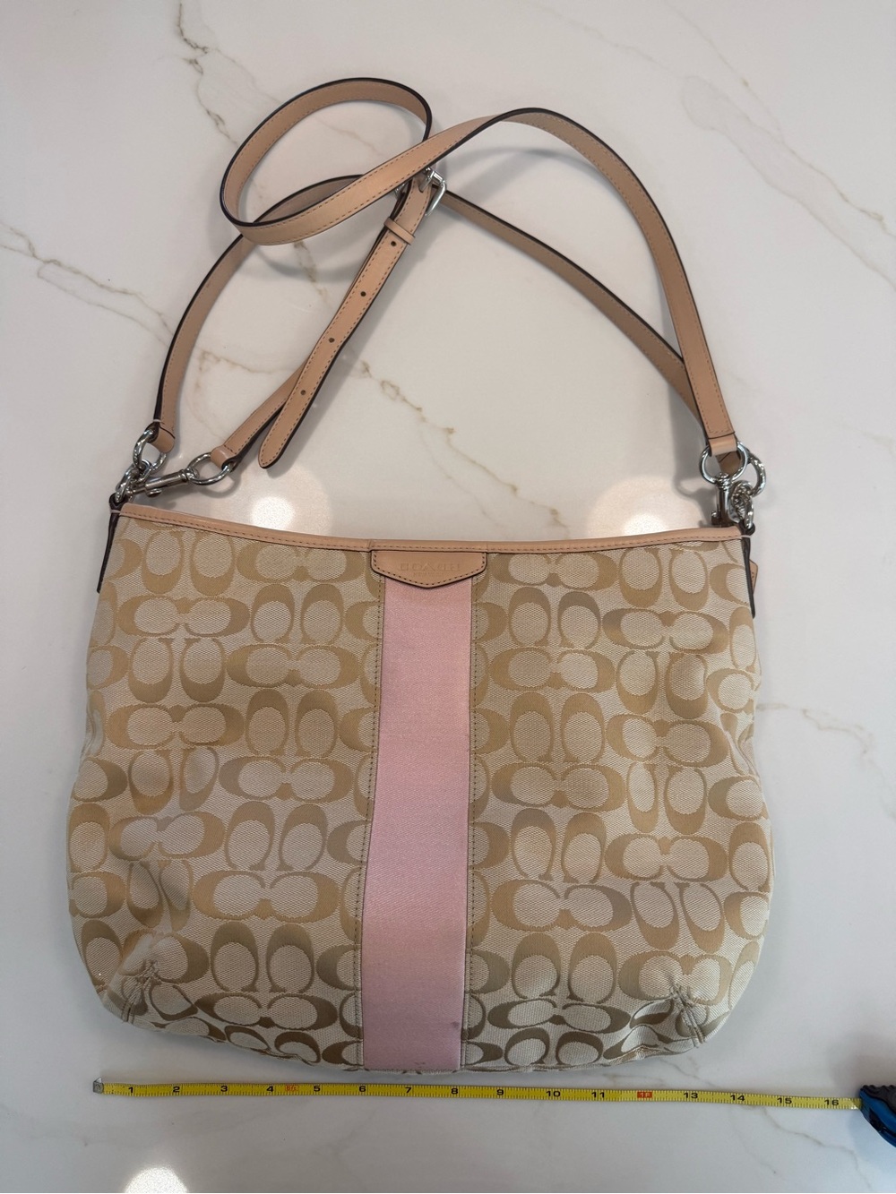 Coach Signature Stripe Convertible Hobo Bag – Pink/Khaki